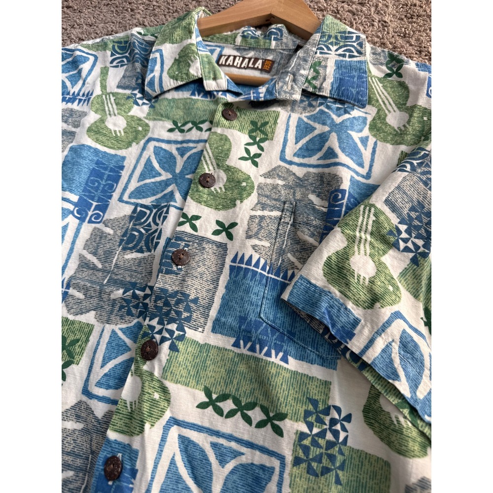 Kahala 1936 Mens 2XL Hawaiian Shirt Ukulele Block Print Rayon Linen Blend Blue